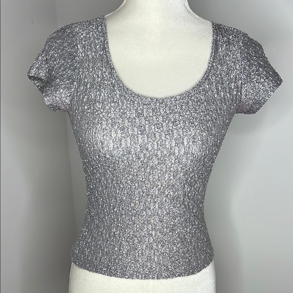 Vintage 90s Y2K Wrapper Textured Shimmer Top Short Sleeve Scoop Neck Blouse - Picture 3 of 11